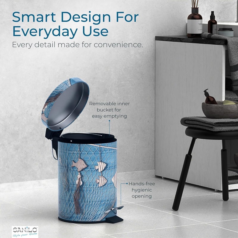 Sanilo Small Bathroom Trash Can with Lid [1.3 Gallon] - Lidded Tiny Trashcan for Garbage - Mini Metal Bin with Soft Closing Mechanism - Bath Room Accessoire Wastebin with Inner Bucket (Seafaring) - Image 4